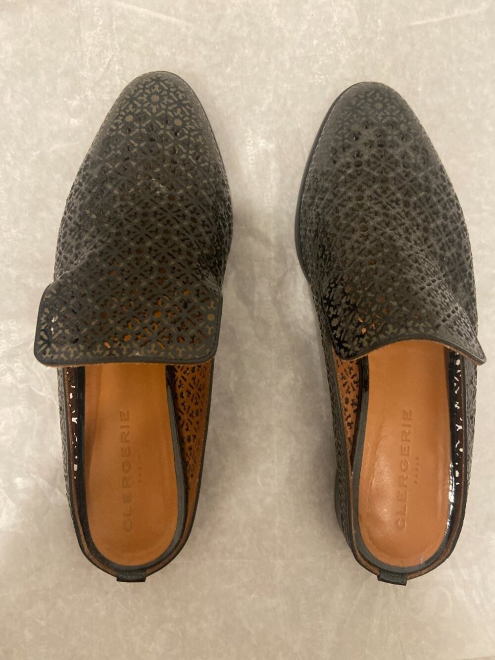 Robert Clergerie Paris Flower Leather Laser Cutout Black Mules Size EU36 US6